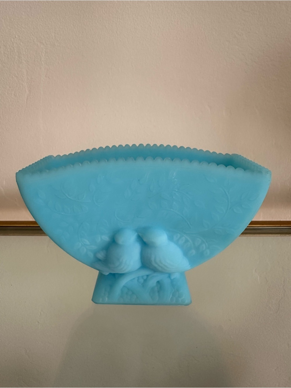 Vintage Fenton  Blue Satin Glass Bowl /vase with Dove Motif